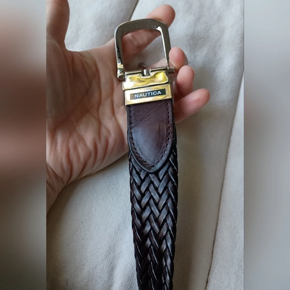 Nautica Reversible Black And Brown Braided Leather Belt With Silver Buckle